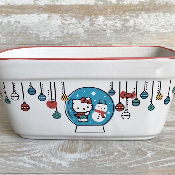 Hello Kitty Christmas Loaf Baking Pan Ceramic 9"x5" Sanrio Let it Snow Ornaments - Picture 1 of 9